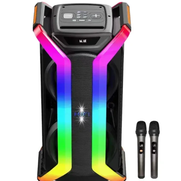 Parlante Doble Torre 2x8 RGB Amplificado + 2 Microfonos Inalambricos