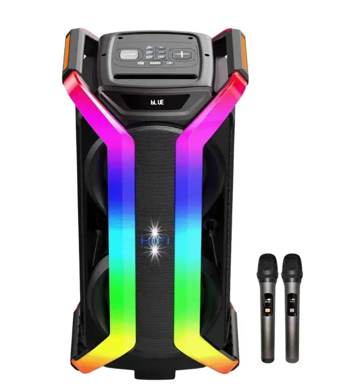 Parlante Doble Torre 2x8 RGB Amplificado + 2 Microfonos Inalambricos